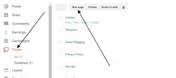 how to create a page on blogger dashboard