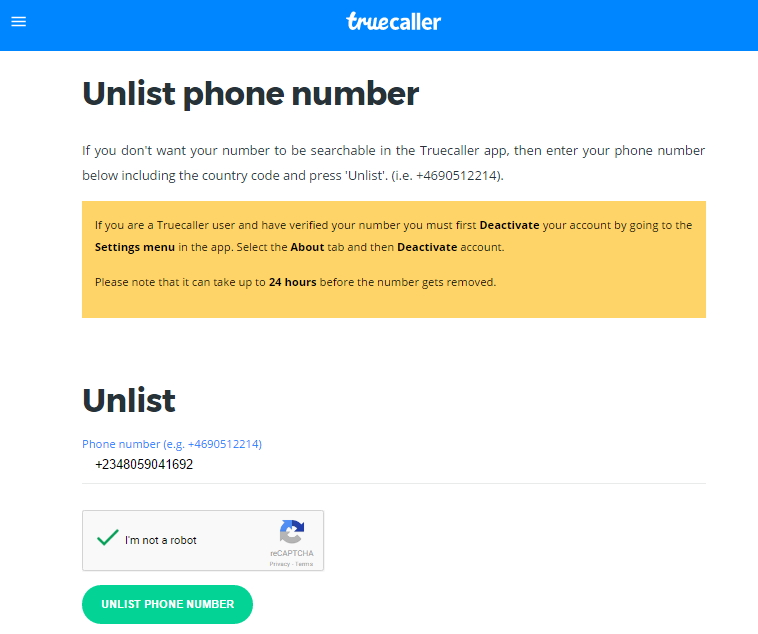 unlist number from truecaller